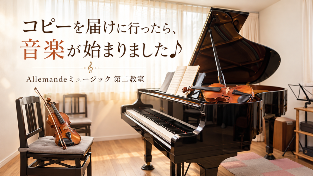 Allemandeミュージック第二教室をイメージした、グランドピアノと2本のヴァイオリンがある音楽室のイラスト