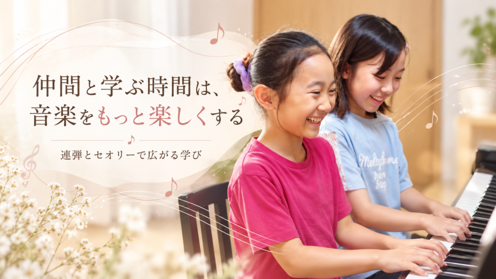 同じ学年の生徒2人が笑顔でピアノ連弾を楽しむ様子
